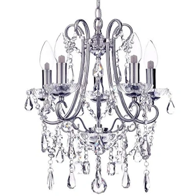 Image of LITECRAFT Spa Pro Anya Chandelier Crystal Effect Bathroom 5 Arm Polished Chrome