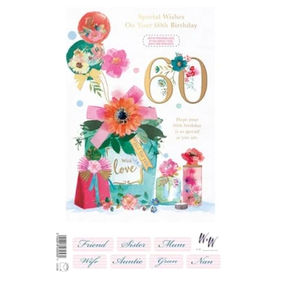 Image of Words and Wishes Female 60th &#039;Happy Birthday&#039; Card Age 60 Can be Personalised For Wife, Mum, Sister, Auntie, Gran, Nan Friend Pretty Design with Flowers Perfume Foil Finish