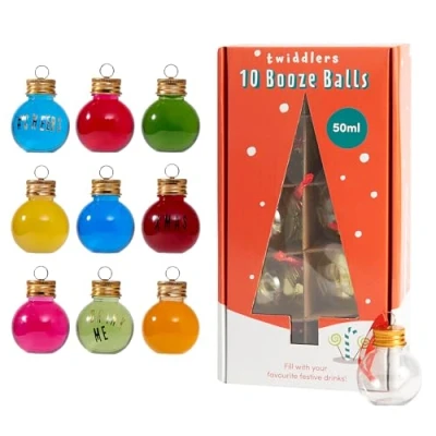 Image of THE TWIDDLERS 10 Christmas Fillable Baubles, DIY Booze Baubles Gin 50ml Ornaments with Stickers Personalised Mini Gifts Shot Balls, Empty to Fill, Xmas Tree Decorations