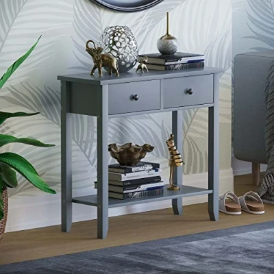 Image of Vida Designs Windsor Console Table With Undershelf, Living Room, Hall Way Furniture (2 Drawer, Grey)