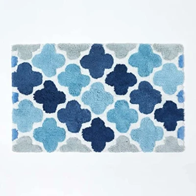 Image of HOMESCAPES Super Absorbent Soft ‘Salcombe’ Blue, Grey and White 100% Cotton Bathmat with Geometric Pattern Non Slip Latex Backing, 50 x 80 cm Large Shower Mat Machine Washable