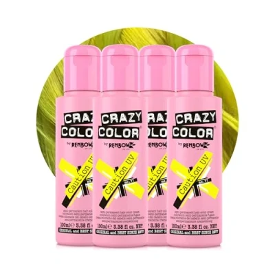 Image of Crazy Color Caution UV Semi Permanent 4 Pack Quad Hair Dye. Highly Pigmented Neon Yellow Conditioning &amp; Oil Nourishing Vegan Formula No Bleach or Ammonia 400ml