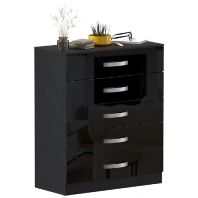 Image of Vida Designs Hulio High Gloss 5 Drawer Chest Of Drawers, Black, 90 x 75 36 c,