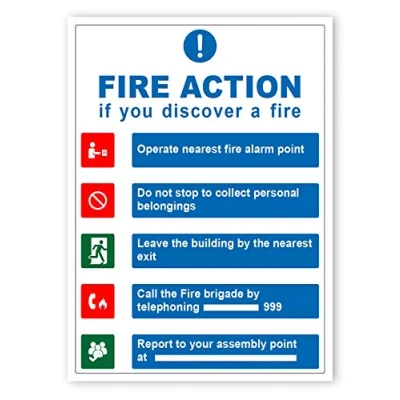 Image of Pack of 2 Fire Action Sign stickers Waterproof Self Adhesive (150 x 200 mm) Safety Signs