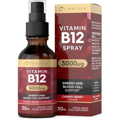 Image of Vitamin B12 Spray 3000ug 30 mL Cherry Berry Flavour High Strength Vegan Liquid Food Supplement by Carlyle