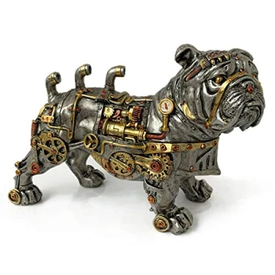 Image of Darthome Ltd Industrial Silver Resin Gothic Steampunk Standing British Bulldog Dog Ornament 30cm