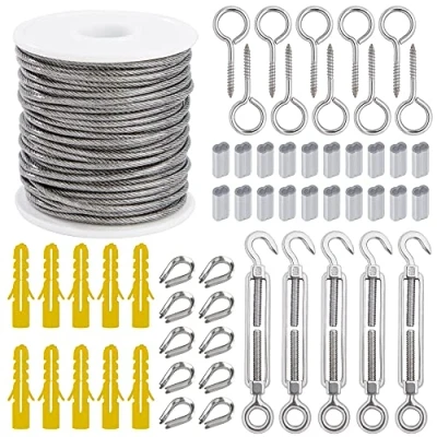 Image of Garden Wire Cable Railing Kit Heavy Duty 304 Stainless Steel 30m Rope With Turnbuckle Tensioner Eye Screw Thimble Aluminum Crimping Sleeves 56 Pcs