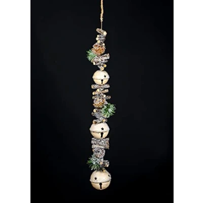 Image of SHATCHI 90cm Garland with Cream Jingle Bells Wooden Sticks, Berries and Pinecones Christmas Home Wall Door Hanger Sleigh Xmas Holiday Hanging Decorations