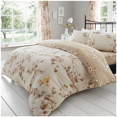Image of VELVETIO Luxury Birdie Blossom Floral Duvet Cover Sets with Matching Pillow cases, Reversible Printed Birds Flower Bedding Quilt, Soft Polycotton Botanical Bedlinen Set, King, Natural