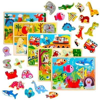 Image of The Twiddlers 5 Bright Coloured Wooden Jigsaw Peg Puzzles for Early Education, Perfect School Classrooms, Home, Travel