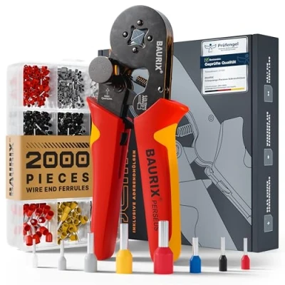 Image of BAURIX® Ferrule Crimping Tool with Force Regulator I Set of 2000pc Wire Terminal Connectors [for 0.25 10mm²] Pliers, Cable Tool, Crimp