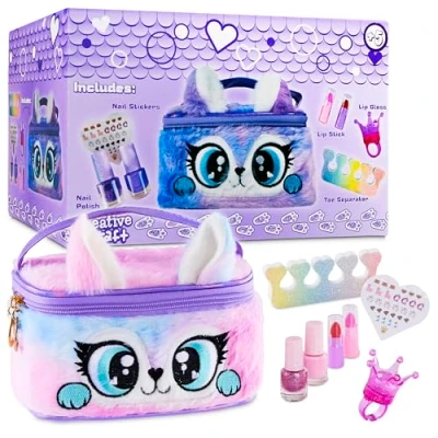 Image of Kids Play Makeup or Nail Polish Set Non Toxic Varnish Lip Gloss Lipstick Art Stickers (Purple/Pink)