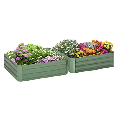 Image of Outsunny Set of 2 291L Raised Garden Bed, Elevated Planter Box with Galvanised Steel Frame for Growing Flowers, Herbs, 100 x 30 cm, Green