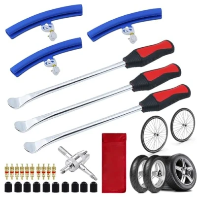 Image of Cartlant Tyre Lever Tool Kit, Tire Changing Spoons Set with 3 Levers, Rim Protectors, 15 Valve Caps and 10 Cores, 1 Repair Tool, Motorcycle for Bike Bicycle MTB Car