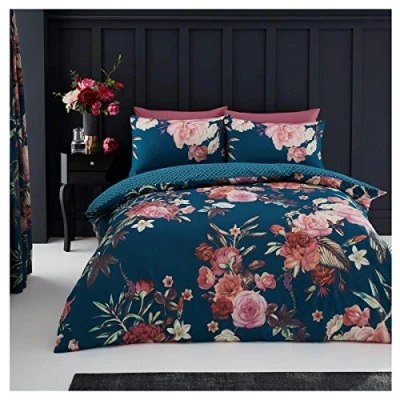 Image of GC Gaveno Cavailia Luxurious Bed Set with Duvet Cover and Pillow Cases, Polyester Cotton, Double, 50% 50, Flora Teal