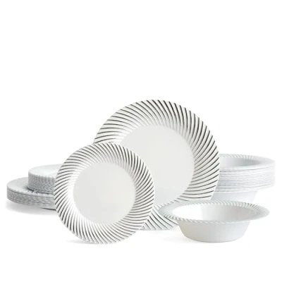Image of MATANA 96 Pcs White Plastic Tableware Set with Silver Border 32 Dinner Plates, Side Bowls Elegant &amp; Reusable Dinnerware for Parties, Wedding, Birthday, Picnic