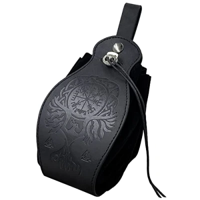 Image of HiiFeuer Medeival Faux Leather Pouch, Portable Drawstring Purse, Vintage Belt Pouch Dice Bag for LARP Ren Faire (Phoenix Black)