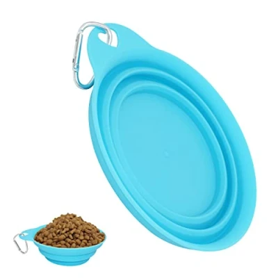Image of Foldable Silicone Dog Bowls, Expandable Pet Accessory for Camping, 470ml Blue Portable Travel Food Water Bowl, Hiking and Travelling