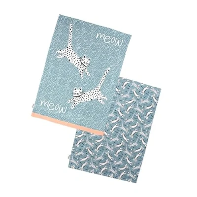 Image of Dexam Recycled Cotton Meow Set of 2 Tea Towels Blue