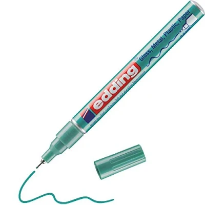 Image of edding 780 gloss paint marker green metallic 1 extra fine round nib 0.8 mm pen for glass, pebbles, wood, plastic, paper waterproof, high coverage
