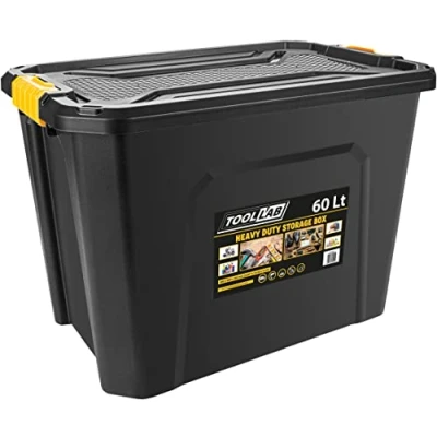Image of Tool Lab Heavy Duty Polypropylene Storage Box with Clip on Lid. Ideal for storing items in garages and lofts. (60 Litre : 580 x 380 405mm)