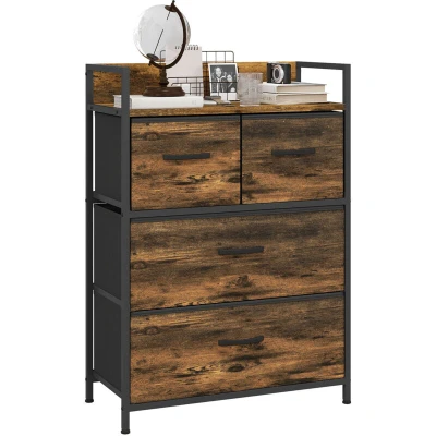 Image of HOMCOM Bedroom Chest of Drawers, Fabric Dresser with 4 Storage Organiser Unit Open Shelf and Metal Frame for Living Room, Entryway, Rustic Brown
