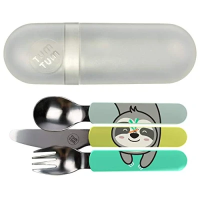 Image of TUM Toddler Cutlery Set with Travel Case, 3 Pcs Kids Stainless Steel Includes 1 x Fork/Spoon/Knife, Sets, BPA Free (Stanley The Sloth)
