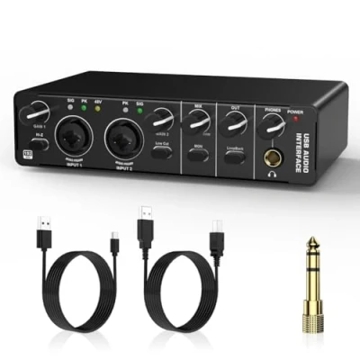 Image of Haztholf USB Audio Interface, Interface 2 Inputs Outputs with 48V Phantom Power for Recording, Guitarist, Singer, Podcaster