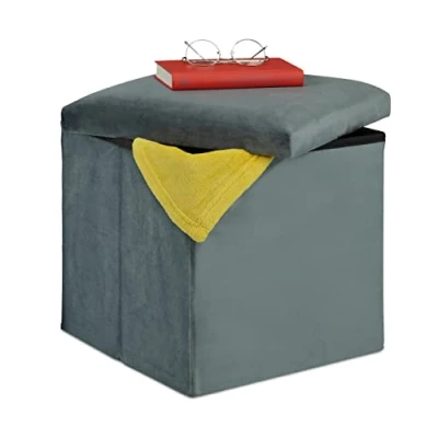 Image of Relaxdays Ottoman, Stool with Storage, HWD 38 x cm, Foldable, Cushioned Velvet and MDF, Dark Grey