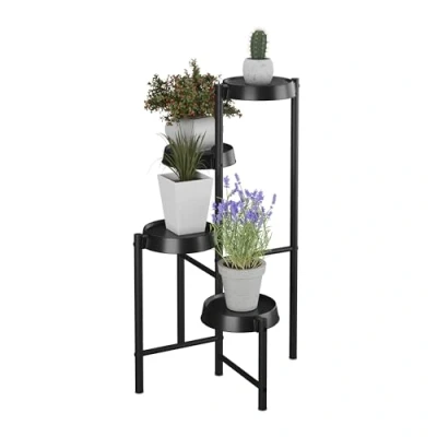 Image of Relaxdays Plant Stand, 4 Tiers, Metal &amp; Plastic, hwd: 81x48x49 cm, Shelves for Flower Pots Herbs, Display Rack, Black