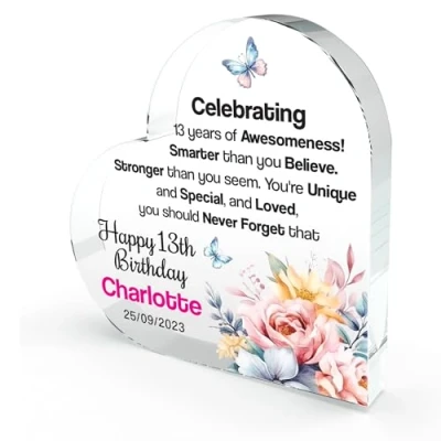 Image of 13 Year Old Birthday Acrylic Heart Shape Plaque Gifts for Girls Keepsake 13th Presents 10cm x (13th Birthday)