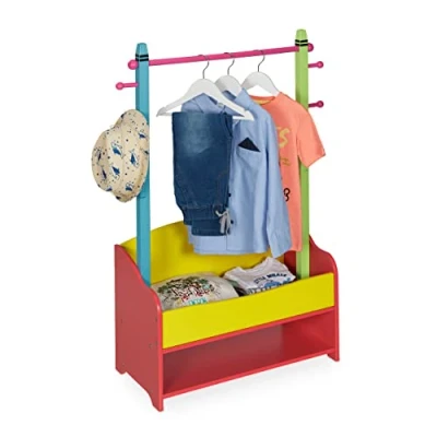 Image of Relaxdays Children&#039;s Clothes Rail with 4 Hooks and 2 Shelves 100.5 x 71 30 cm Multi Coloured