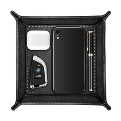 Image of SITHON Valet Tray Desktop Storage Organiser Premium PU Leather Catchall Bedside Vanity Nightstand Caddy Holder for Remote Controller, Keys, Phone, Wallet, Coin, Jewelry, (Black)