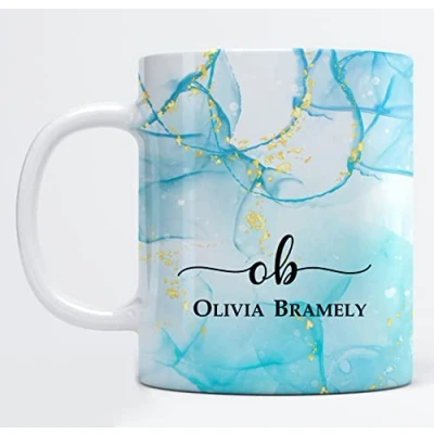 Image of EKAM Personalised Marble Mug Initial with Name Customised Gift for Mum, Dad, Kids or Girls Tea Coffee (11oz) (Turquoise Marble)