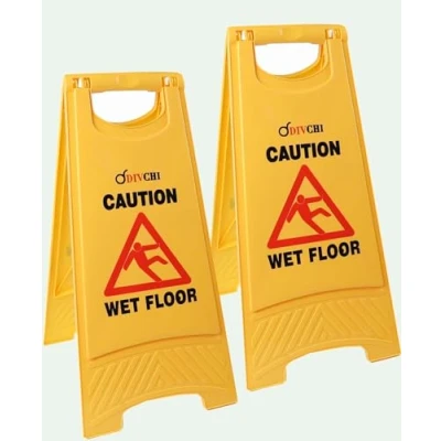 Image of DIVCHI Warning Caution Wet Floor Sign Yellow Cleaning In Progress Printed On The Other Side Mini Ideal For Commercial Business Use (Pack Of 2)
