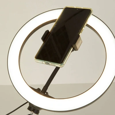 Image of Lighting Collection 10&quot; Ring Tripod Stand &amp; Phone Holder for Creating Selfies and Video Your Social Media. LED Dimmable 3 Different Colour Setting (Warm, Cool White), W, Black