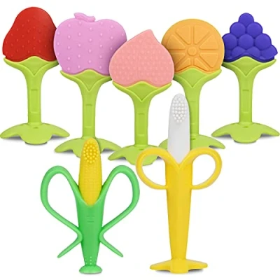 Image of Vicloon Teething Toys for Baby, 7PCS Baby Silicone Toy Training Toothbrush teether chew Self Soothing Organic Teethers Massage Set Newborn Infant, Babies Shower Gift