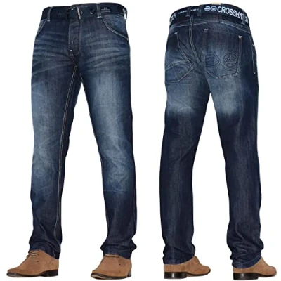 Image of Mens &#039;Frinced&#039; Classic Straight Leg Stretch Jeans Fashion Regular Fit Stylish Branded Denim by JeanBase Dark Blue (Non Stretch) 40W X 32L