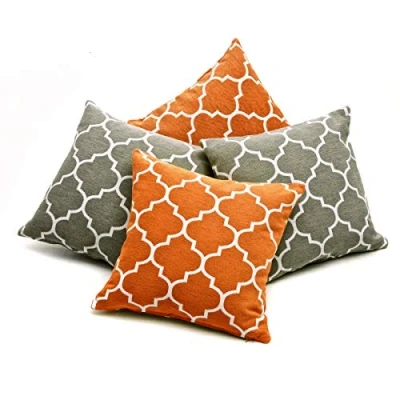 Image of Red Rainbow Set of 4 Orange Grey &amp; White Geometric Design Chenille 18 inch Cushion Covers