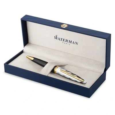 Image of Waterman Carene Ballpoint Pen Metal &amp; Black Lacquer with Gold trim Chiselled cap Medium Tip Blue Ink Gift Box