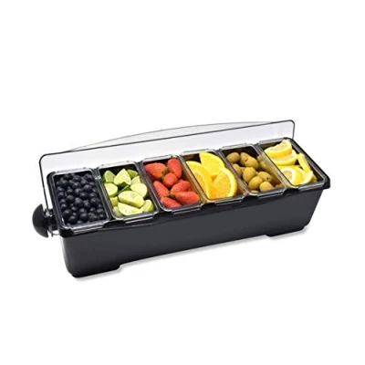 Image of Chabrias Ltd Premium Condiment Dispenser 6 Compartment Black White Bar Garnish Tray (Black)