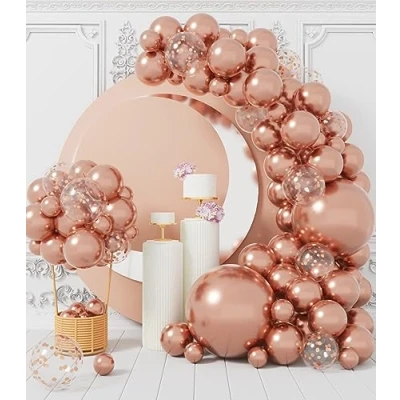 Image of Metallic Rose Gold Balloon Arch: 100 Pcs Party Balloons Garland Kit with Confetti Latex Ribbons for Girl Birthday Wedding Bridal Shower Bachelor Decoration