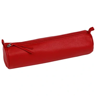 Image of Clairefontaine Ref 8308C Coloured Leather Round Pencil Case 22cm x 5.5cm, Made From Genuine Lambskin Leather, Metal Zip With Puller Red