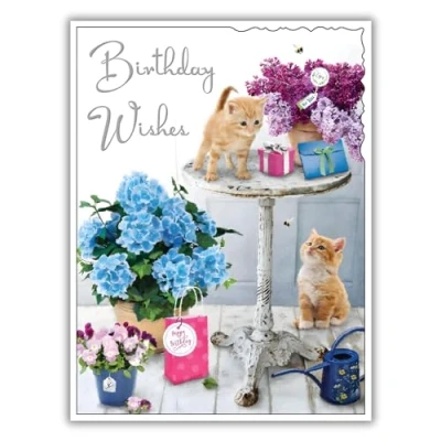 Image of Female Birthday Card for Her General Women Kittens and Flowers Design Special Finishes Illustrated Insert Leaf Made in the UK