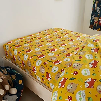 Image of Happy Linen Company Girls Boys Kids Woodland Friends Animals Mustard Orange Toddler Cot Bed Fitted Sheet Bedding