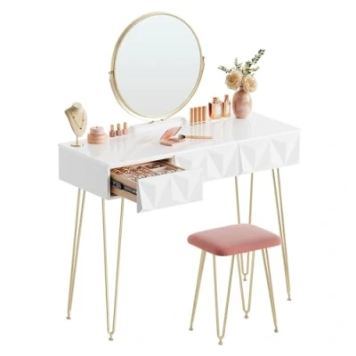 Image of EUGAD White Dressing Table with Velvet Pink Stool 360 Swiveling Mirror Set 3 3D Effect Drawers Under the Makeup Bedroom Desk Dresser Hairpin Legs