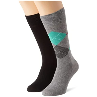 Image of Tommy Hilfiger mens Check Classic Sock, grey melange/green, 43 46 (2er Pack)