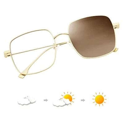 Image of JM Photochromic Blue Light Blocking Computer Glasses, Square Eye Protect Metal Eyeglasses Anti Glare Men Women Tortoise