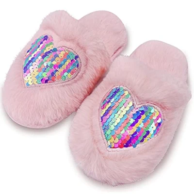 Image of Dream Bridge Girls Slippers Fluffy House Shoes Kids Sequin Non Slip Sole Indoor Fancy Bedtime Slippers,Pink love heart,3/4 UK