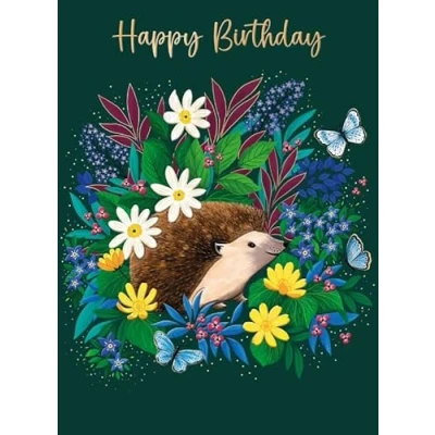 Image of Noel Tatt Female Birthday Card General for Women Hedgehog and Flowers with an Embossed Foil Finish Eco Friendly Recyclable